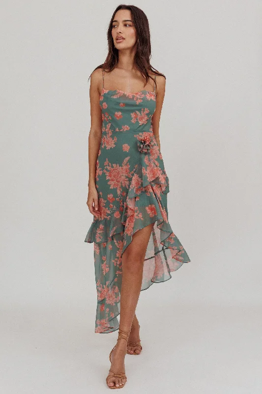 Plus Size Women Dress with a Flattering A - Line Cut for Comfort and StyleChances Rosette Ruffle Midi Dress Floral Mint Plus Size Women Dress with a Flattering A - Line Cut for Comfort and StyleChances Rosette Ruffle Midi Dress Floral Mint