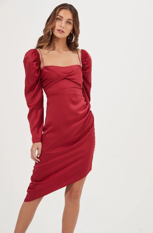 Claudina Rhinestone Embellished Satin Long Sleeve Midi Dress