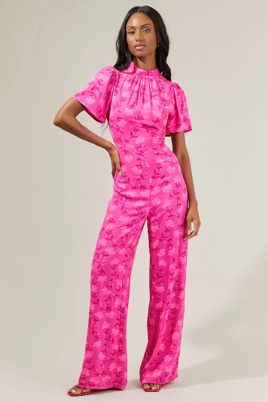 Sheer women jumpsuits with lace panels for a romantic and sexy styleClever Floral Mock Neck Wide Leg Jumpsuit Sheer women jumpsuits with lace panels for a romantic and sexy styleClever Floral Mock Neck Wide Leg Jumpsuit