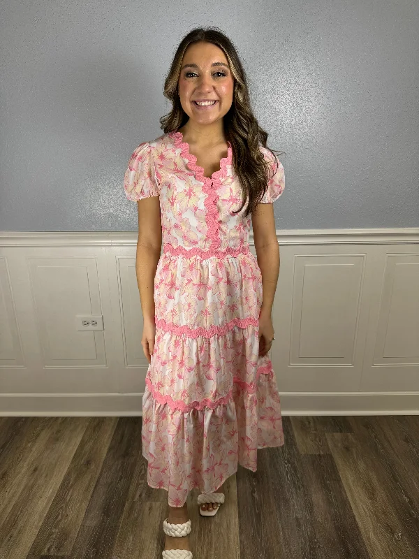 Pink floral midi dress w/ rick rack trim