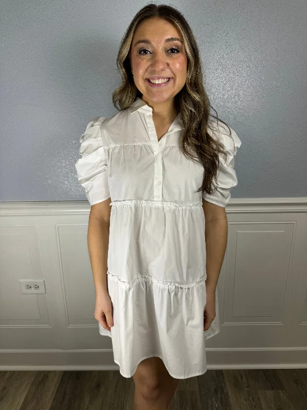 White puff sleeve collared dress