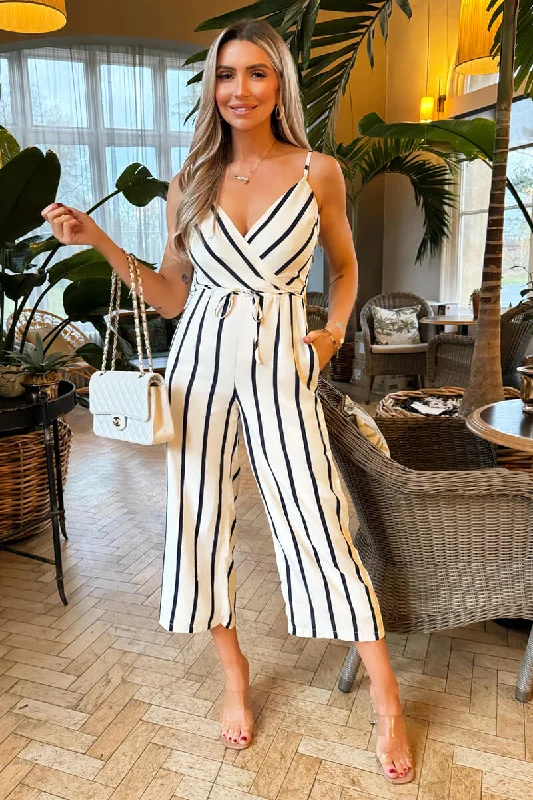 Floral print women jumpsuits for spring garden partiesCream And Navy Striped Wrap Top Tie Waist Jumpsuit Floral print women jumpsuits for spring garden partiesCream And Navy Striped Wrap Top Tie Waist Jumpsuit
