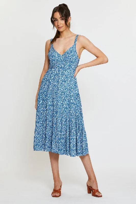 Daisy Print Midi Dress Sleeveless V Neck