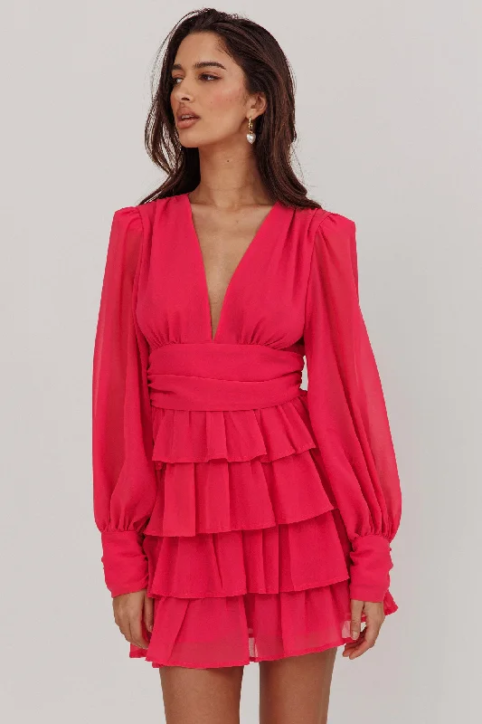 Lace - Embellished Women Dress for an Elegant and Sophisticated AppearanceDalisa Long Sleeve Ruffle Mini Dress Fuchsia Lace - Embellished Women Dress for an Elegant and Sophisticated AppearanceDalisa Long Sleeve Ruffle Mini Dress Fuchsia