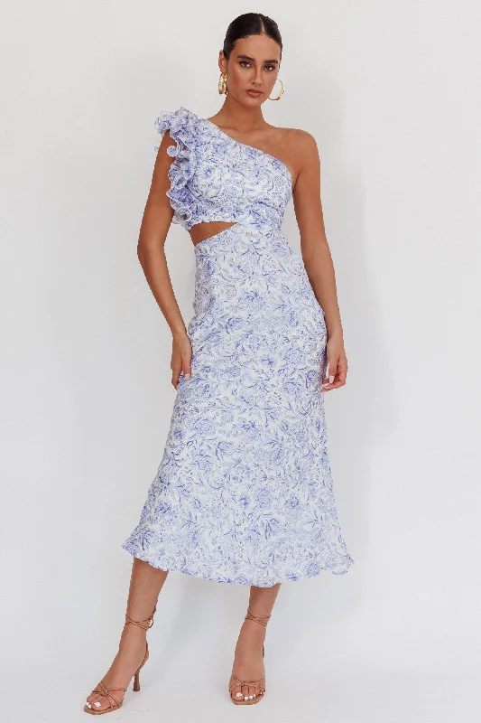 Mermaid - Style Women Dress with a Fitted Silhouette for Special OccasionsDeanna One-Shoulder Ruffle Midi Dress Floral Blue Mermaid - Style Women Dress with a Fitted Silhouette for Special OccasionsDeanna One-Shoulder Ruffle Midi Dress Floral Blue