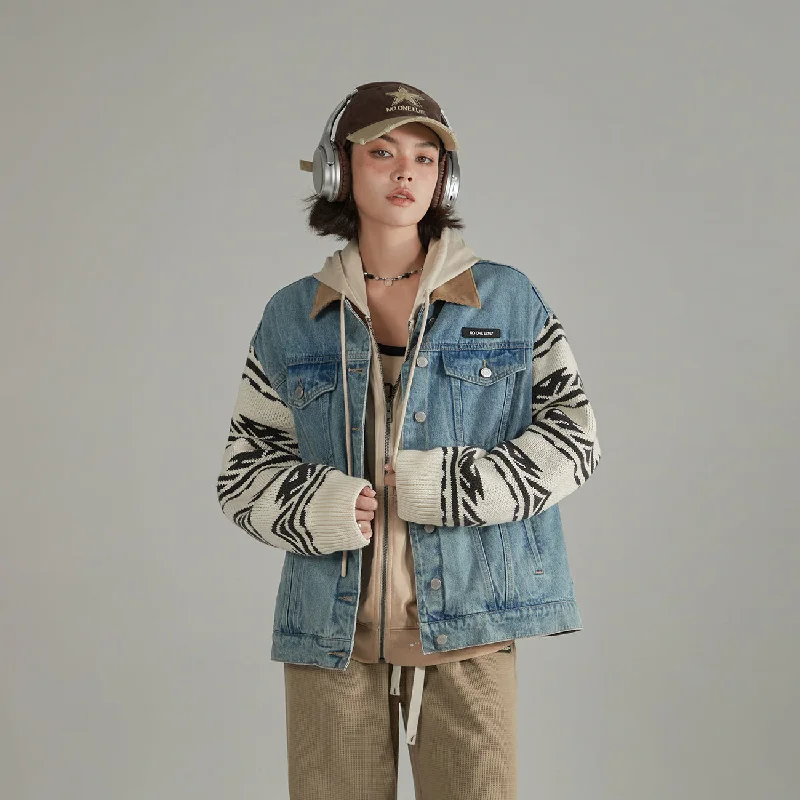 Women's denim jackets with distressed details for a casual and edgy lookContrast Color Knitted Denim Jacket