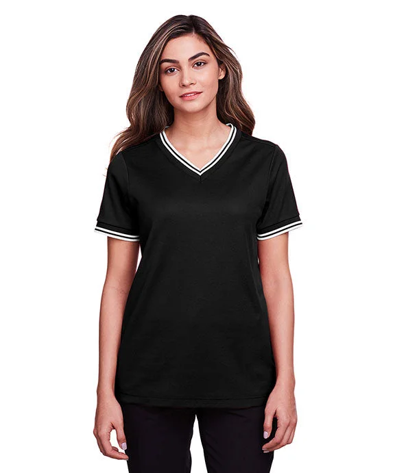 DG20CW - Devon & Jones CrownLux Performance® Ladies Plaited Tipped V-Neck Top | Black/White