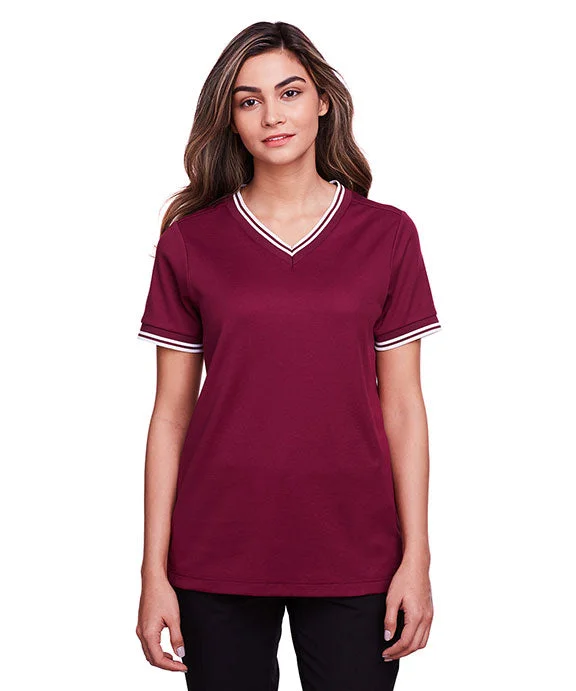 DG20CW - Devon & Jones CrownLux Performance® Ladies Plaited Tipped V-Neck Top | Burgundy/White