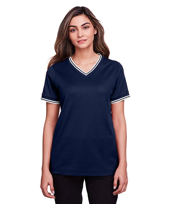 DG20CW - Devon & Jones CrownLux Performance® Ladies Plaited Tipped V-Neck Top | Navy/White