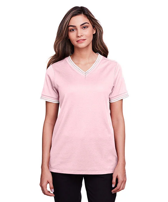 DG20CW - Devon & Jones CrownLux Performance® Ladies Plaited Tipped V-Neck Top | Pink/White