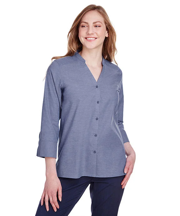 DG562W - Devon & Jones Ladies Crown Collection™ Stretch Pinpoint Chambray 3/4 Sleeve Blouse | Navy