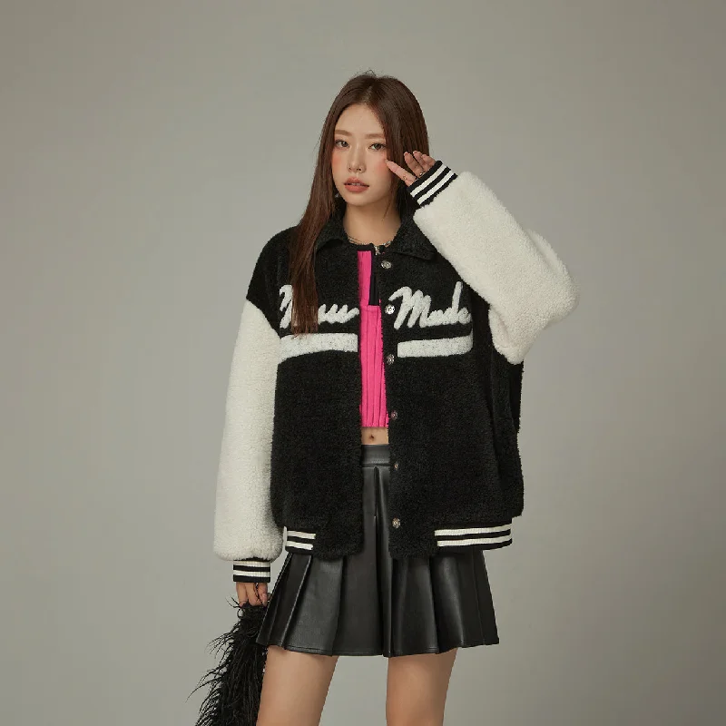 Color Combination Fleece Varsity Jacket