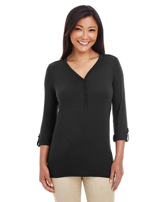 DP186W - Devon & Jones Ladies Perfect Fit™ Y-Placket Convertible Sleeve Knit Top | Black