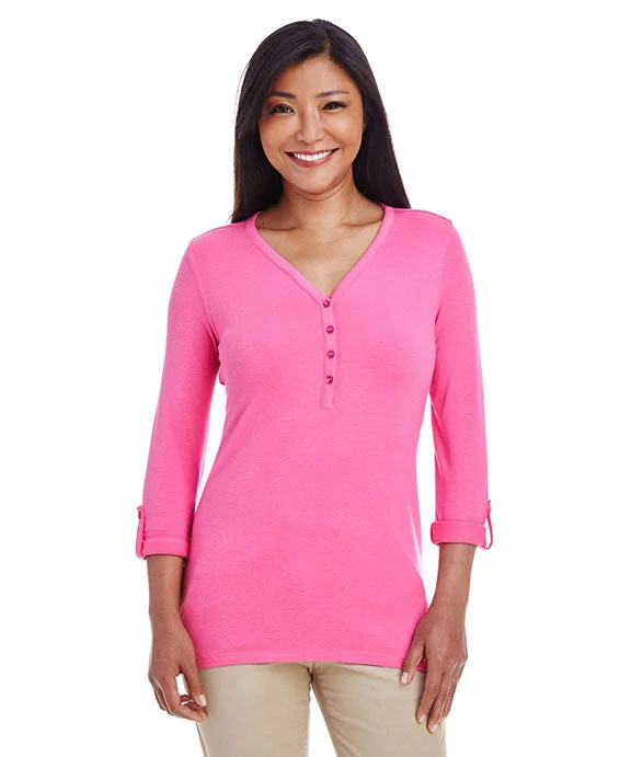 DP186W - Devon & Jones Ladies Perfect Fit™ Y-Placket Convertible Sleeve Knit Top | Charity Pink