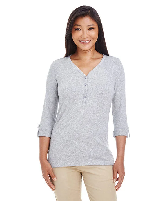 DP186W - Devon & Jones Ladies Perfect Fit™ Y-Placket Convertible Sleeve Knit Top | Grey Heather