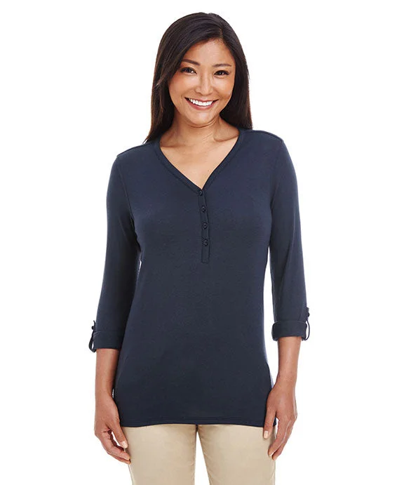 DP186W - Devon & Jones Ladies Perfect Fit™ Y-Placket Convertible Sleeve Knit Top | Navy