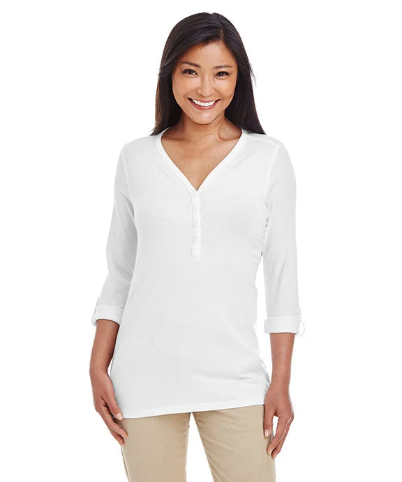 DP186W - Devon & Jones Ladies Perfect Fit™ Y-Placket Convertible Sleeve Knit Top | White