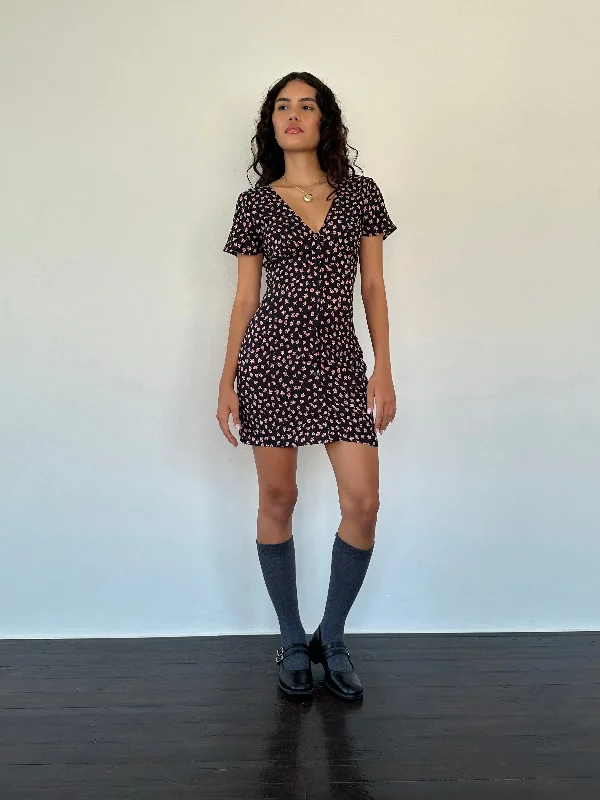 Ruffled Women Dress with Multiple Layers for a Playful and Girly StyleField Trip Button Front Mini Dress Black Floral Ruffled Women Dress with Multiple Layers for a Playful and Girly StyleField Trip Button Front Mini Dress Black Floral