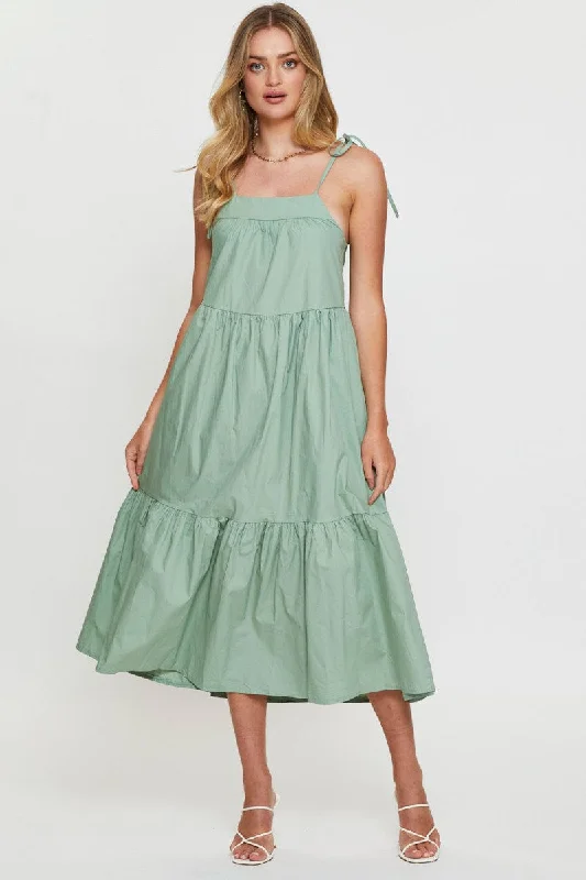 Green Midi Dress Sleeveless Tie Shoulder