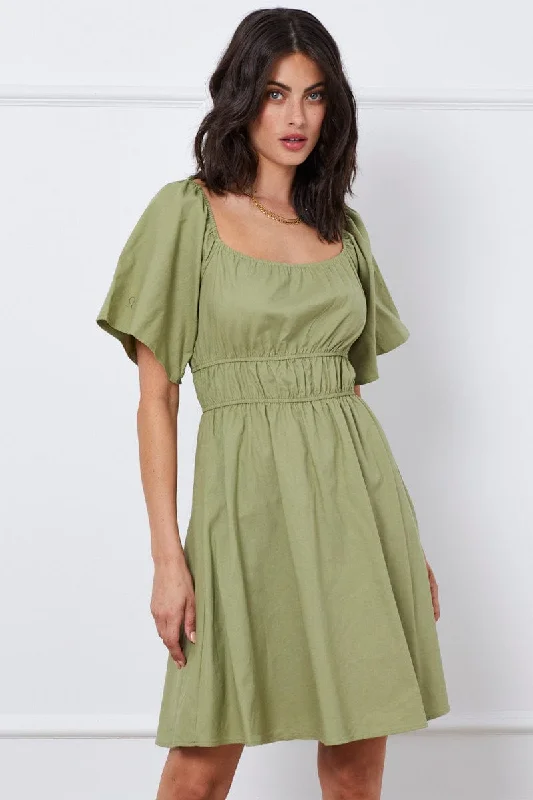 Green Mini Dress Short Sleeve Square Neck