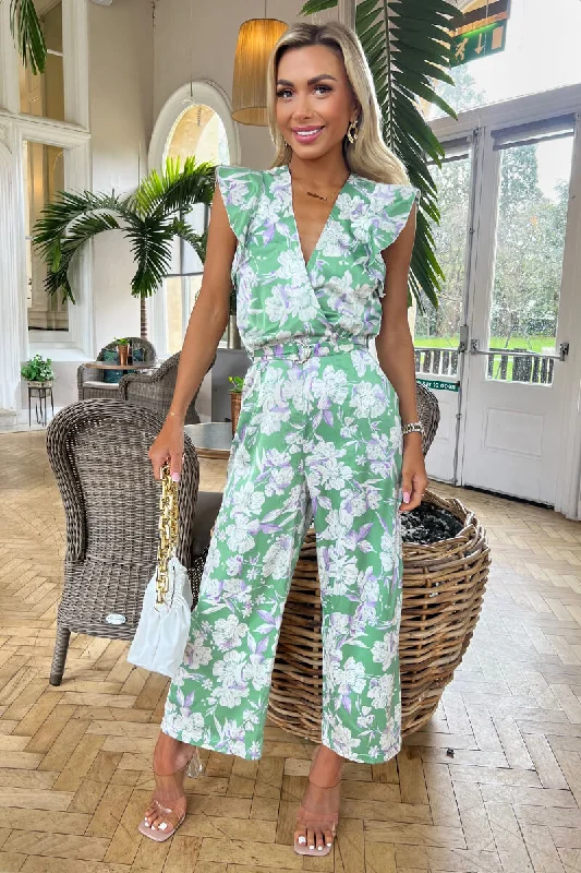 Women jumpsuits with pom - pom trims for a playful and festive lookGreen Printed Wrap Front Frill Sleeve Belted Jumpsuit Women jumpsuits with pom - pom trims for a playful and festive lookGreen Printed Wrap Front Frill Sleeve Belted Jumpsuit