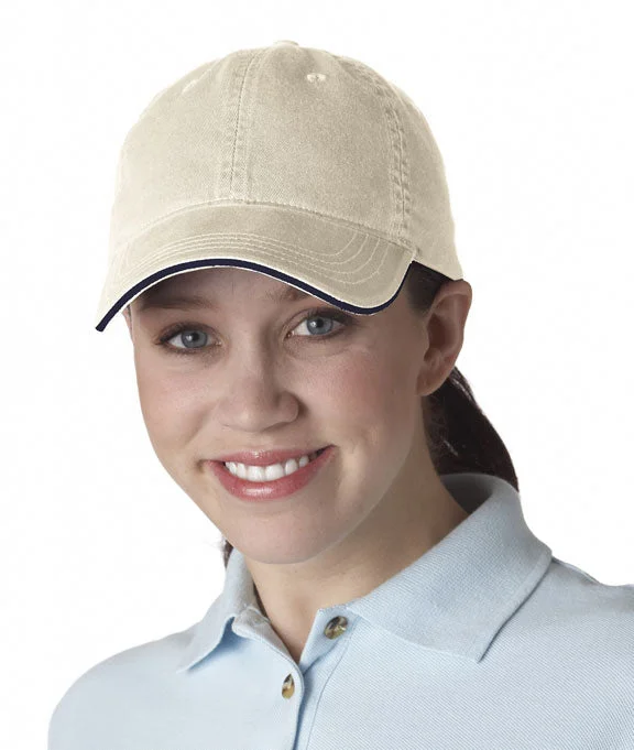 Women's zip - front sweatshirt with contrast stitching for a sporty aesthetic8104 UltraClub Classic Cut Chino Cotton Twill Unconstructed Sandwich Cap | Stone/Navy Women's zip - front sweatshirt with contrast stitching for a sporty aesthetic8104 UltraClub Classic Cut Chino Cotton Twill Unconstructed Sandwich Cap | Stone/Navy