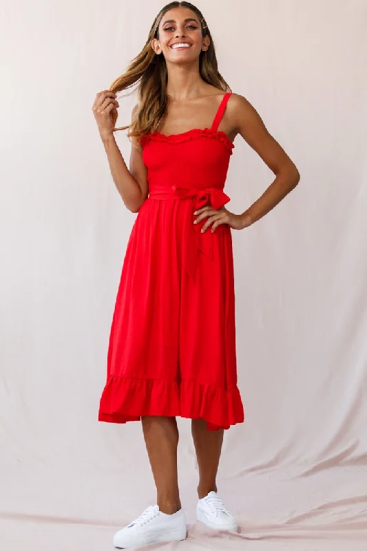 Empire Waist Women Dress to Accentuate the Bust and Conceal the WaistHoney Shirred Frill Midi Dress Red Empire Waist Women Dress to Accentuate the Bust and Conceal the WaistHoney Shirred Frill Midi Dress Red