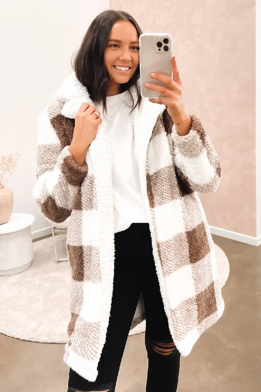 Women's long - line cardigan jackets in a soft knit for a cozy and elegant lookJamie Coat Brown White Women's long - line cardigan jackets in a soft knit for a cozy and elegant lookJamie Coat Brown White