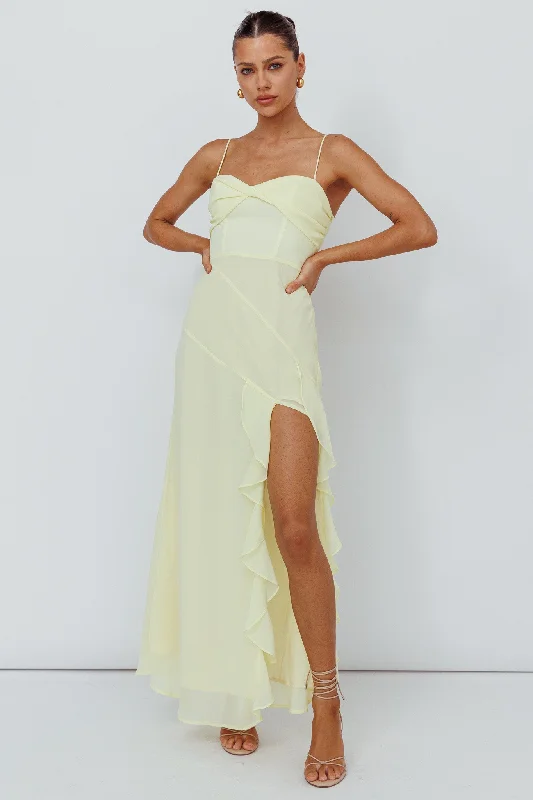 Sleeveless Women Dress in Bright Colors for Summer PartiesJayna Ruffle Trim Split Dress Yellow Sleeveless Women Dress in Bright Colors for Summer PartiesJayna Ruffle Trim Split Dress Yellow