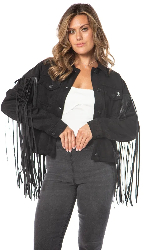 Women's crew - neck sweatshirt in a heather gray shade for a classic and versatile optionFaux Leather Fringe Trucker Jacket Women's crew - neck sweatshirt in a heather gray shade for a classic and versatile optionFaux Leather Fringe Trucker Jacket