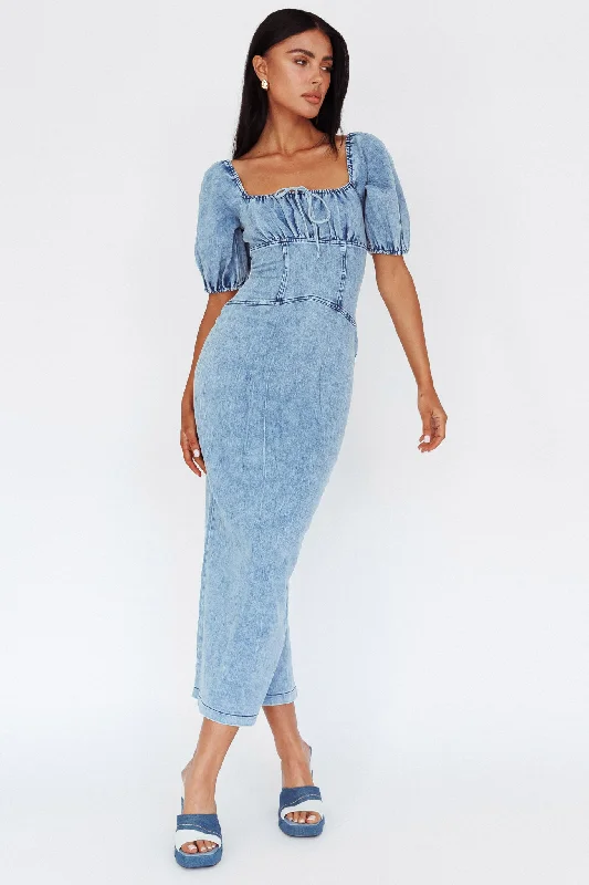 Shift Women Dress with a Simple and Classic Design for Everyday WearJuneau Puff Sleeve Midi Dress Denim Blue Shift Women Dress with a Simple and Classic Design for Everyday WearJuneau Puff Sleeve Midi Dress Denim Blue