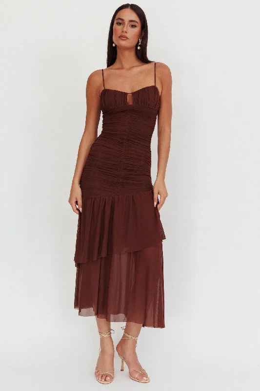 Backless Women Dress for a Sexy and Alluring Look at Evening EventsKailua Ruched Tiered Hem Maxi Dress Chocolate Backless Women Dress for a Sexy and Alluring Look at Evening EventsKailua Ruched Tiered Hem Maxi Dress Chocolate