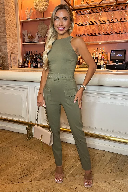 Women jumpsuits with a ruched bodice for a more feminine and form - fitting appearanceKhaki Belted High Neck Cargo Jumpsuit