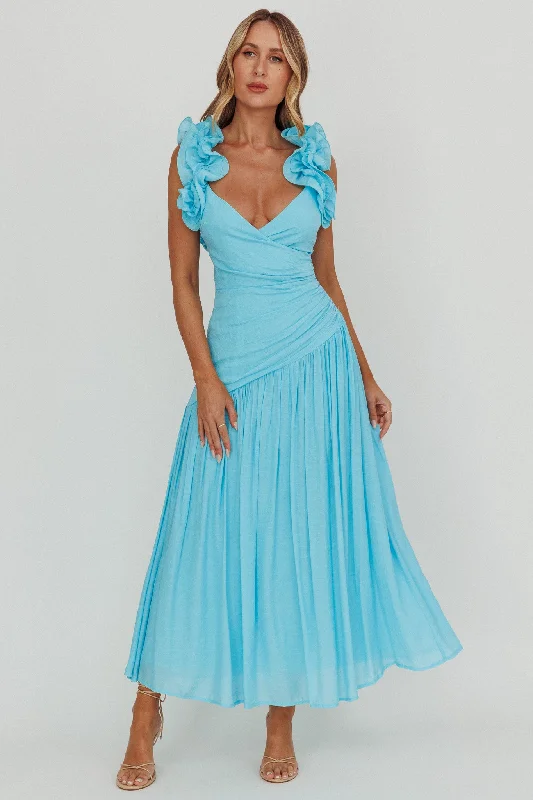 Wrap - Style Women Dress with Adjustable Fit for All Body TypesKinley Ruffle Strap Maxi Dress Blue Wrap - Style Women Dress with Adjustable Fit for All Body TypesKinley Ruffle Strap Maxi Dress Blue
