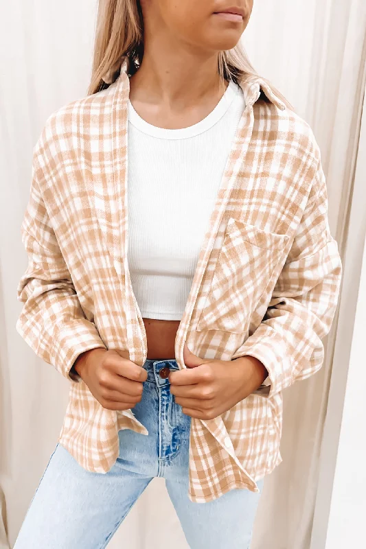 Women's windbreaker jackets with adjustable hoods for windy daysKoby Shacket Beige Check Women's windbreaker jackets with adjustable hoods for windy daysKoby Shacket Beige Check
