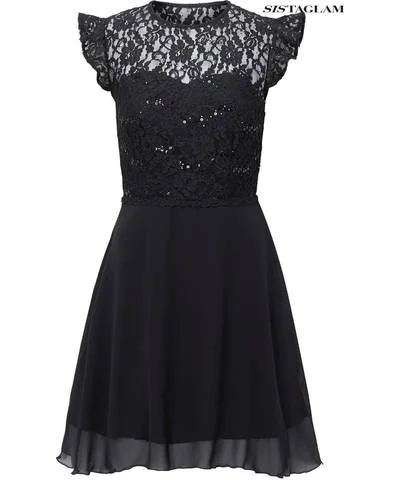 Lace Frill Sleeve Boucle Skater Dress