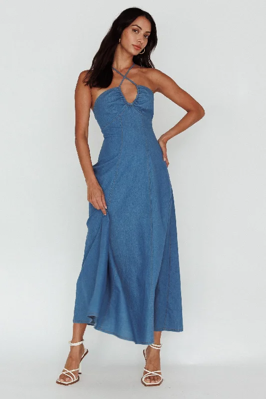 Sleeveless Women Dress in Bright Colors for Summer PartiesLeilana Halterneck Maxi Dress Denim Sleeveless Women Dress in Bright Colors for Summer PartiesLeilana Halterneck Maxi Dress Denim