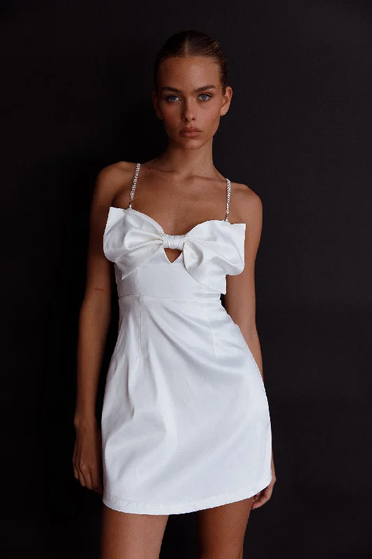 Strapless Women Dress with a Built - in Bra for Comfort and SupportLilly Bow Diamante Mini Dress White Strapless Women Dress with a Built - in Bra for Comfort and SupportLilly Bow Diamante Mini Dress White