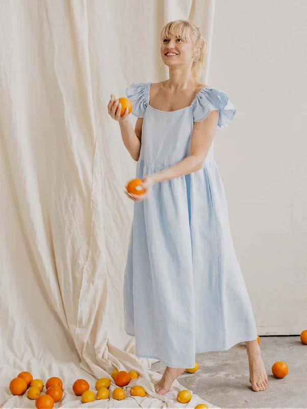 Polyester women jumpsuits for easy - care and durable everyday wearOna Women's Linen Ruffle Dress | Sky Blue Polyester women jumpsuits for easy - care and durable everyday wearOna Women's Linen Ruffle Dress | Sky Blue