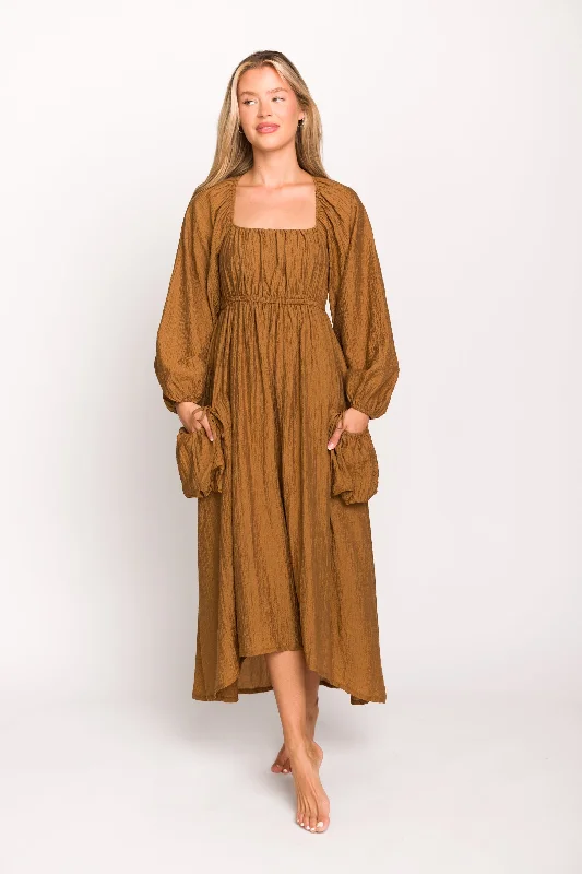 Ariana Long Sleeved Maxi Dress with Slouchy Pocket in Butterscotch