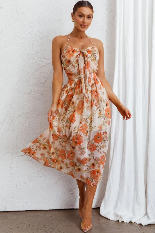 Empire Waist Women Dress to Accentuate the Bust and Conceal the WaistLos Feliz Tied Bust Halterneck Midi Dress Floral Beige Empire Waist Women Dress to Accentuate the Bust and Conceal the WaistLos Feliz Tied Bust Halterneck Midi Dress Floral Beige