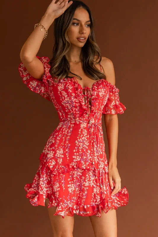 Sheath Women Dress with a Tailored Fit for a Professional LookMaranda Bardot Lace-Up Bust Dress Dainty Floral Red Sheath Women Dress with a Tailored Fit for a Professional LookMaranda Bardot Lace-Up Bust Dress Dainty Floral Red