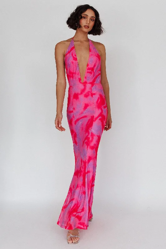 Wrap - Style Women Dress with Adjustable Fit for All Body TypesMayah Halterneck Maxi Dress Printed Hot Pink Wrap - Style Women Dress with Adjustable Fit for All Body TypesMayah Halterneck Maxi Dress Printed Hot Pink