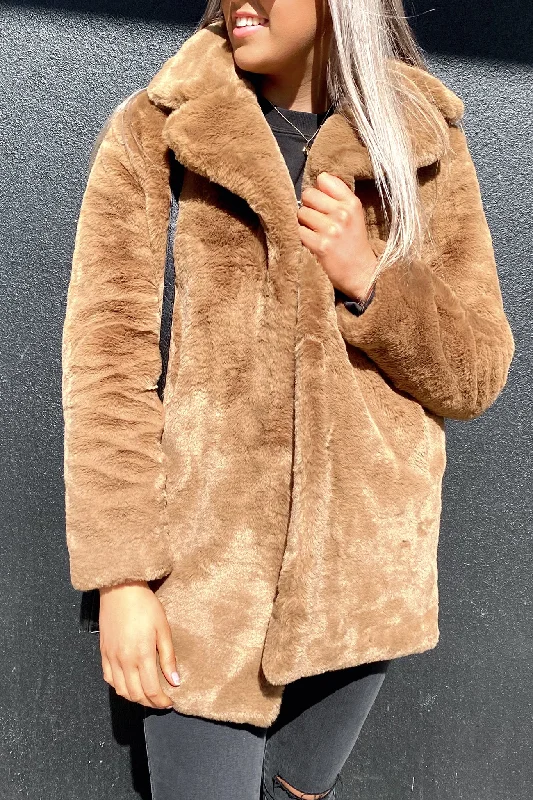 Women's long - line cardigan jackets in a soft knit for a cozy and elegant lookMinimalist Faux Fur Jacket Tigers Eye Women's long - line cardigan jackets in a soft knit for a cozy and elegant lookMinimalist Faux Fur Jacket Tigers Eye