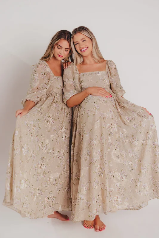 Ruffled Women Dress with Multiple Layers for a Playful and Girly StyleMona Maxi Dress in Beige/Brown Floral - Bump Friendly - Inclusive Sizing (S-3X) Ruffled Women Dress with Multiple Layers for a Playful and Girly StyleMona Maxi Dress in Beige/Brown Floral - Bump Friendly - Inclusive Sizing (S-3X)