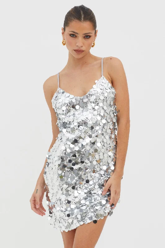 Ruffled Women Dress with Multiple Layers for a Playful and Girly StyleMoon Dust Sequin Mini Dress Silver Ruffled Women Dress with Multiple Layers for a Playful and Girly StyleMoon Dust Sequin Mini Dress Silver