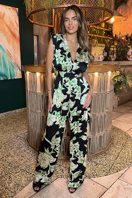 Women jumpsuits with a criss - cross back for a flirty and eye - catching detailMulti Floral Print V Neck Sleeveless Jumpsuit Women jumpsuits with a criss - cross back for a flirty and eye - catching detailMulti Floral Print V Neck Sleeveless Jumpsuit