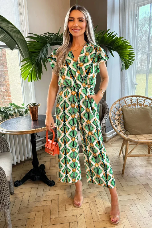 Women jumpsuits with a keyhole back for a unique detailMulti Printed Short Sleeve Wrap Top Jumpsuit Women jumpsuits with a keyhole back for a unique detailMulti Printed Short Sleeve Wrap Top Jumpsuit