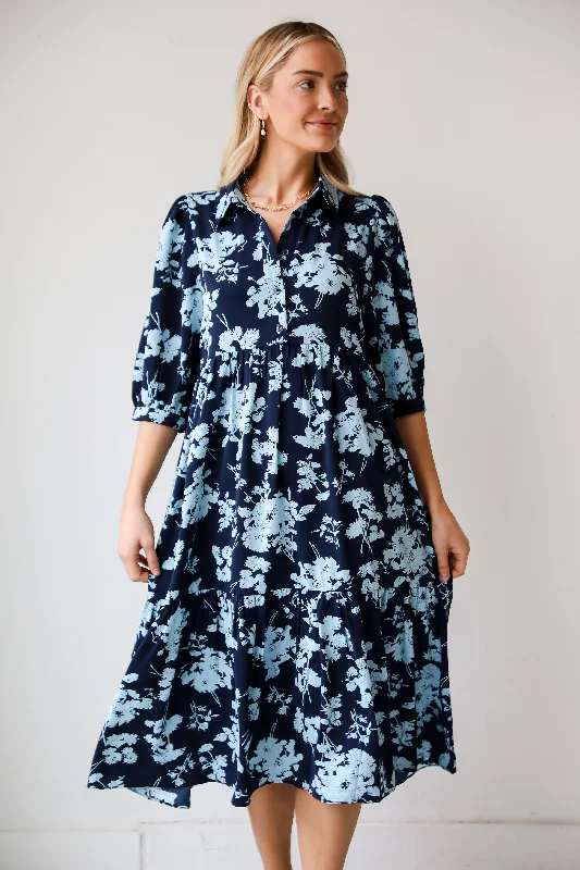 Off - the - Shoulder Women Dress for a Romantic and Feminine LookFINAL SALE - My Love Story Navy Floral Midi Dress Off - the - Shoulder Women Dress for a Romantic and Feminine LookFINAL SALE - My Love Story Navy Floral Midi Dress