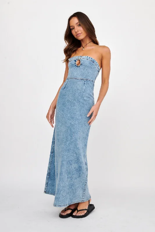 Printed Abstract Women Dress for a Modern and Artistic AppealNOAH Strapless Buckle Maxi Dress Denim Printed Abstract Women Dress for a Modern and Artistic AppealNOAH Strapless Buckle Maxi Dress Denim